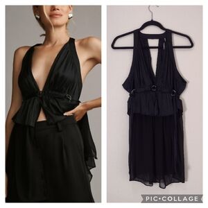 Anthropologie Pleated Satin Plunging V-Neck Sheer Flyaway Sleeveless Top Size S